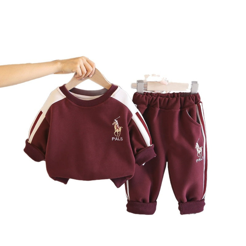 Boys' Embroidered Round Neck Sweatshirt 2026 New Autumn Two-Piece Set Trendy Baby Casual Sports Children's Clothing