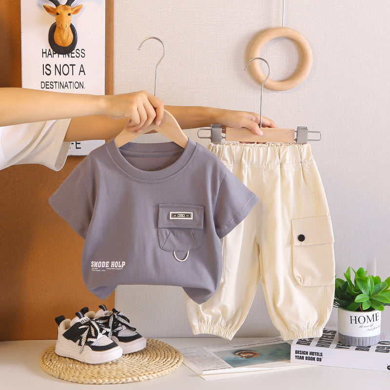 Children's clothing for boys, summer 2026 new style, baby and child pocket logo short-sleeve two-piece set, stylish
