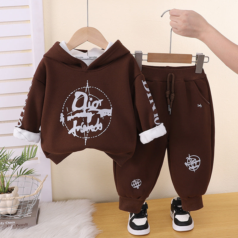 Baby Clothes Autumn and Winter, Korean Style Fleece-Lined Hooded Sweatshirt Two-Piece Set for Boys Aged 1-4 Years, Wholesale Children's Clothing
