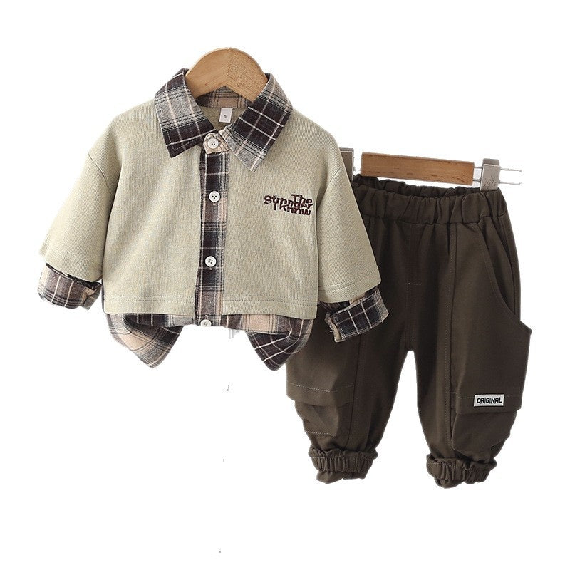 Boys' outfit, plaid color-block two-piece set, trendy and stylish, fashionable clothes for 2-year-old baby, spring stylish 3-piece boy's suit