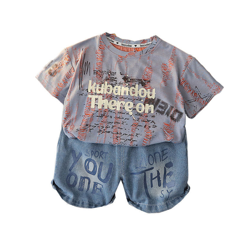 Boys' Short-Sleeve 2026 New Summer Outfit Baby Stylish Korean Version Ripped Letter Print Thin Two-Piece Trendy Set