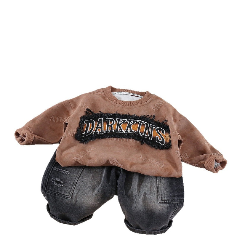 Boys' Outfit for Spring and 2026 New Style Baby Autumn Clothing Korean Version Casual Patchwork Fleece Round Neck Sweatshirt Two-Piece Set