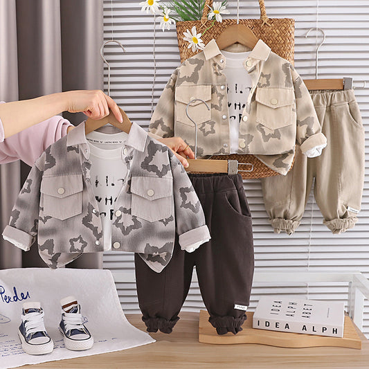 Boys' Spring Autumn Fashionable Outfit 2026 New Style Full-Leaf Pattern Cardigan Three-Piece Set for Infants and Toddlers Trendy Clothes