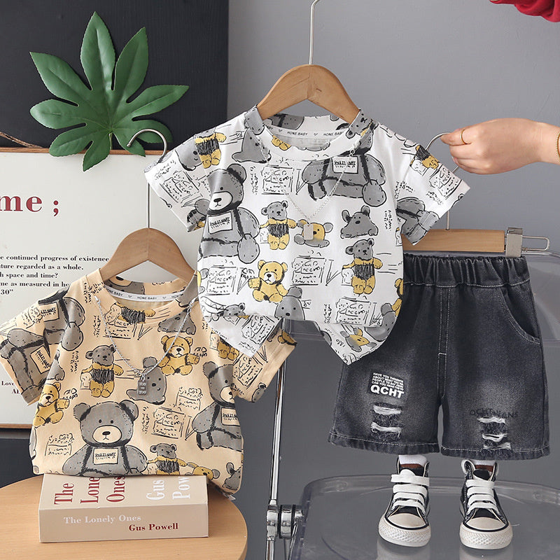 Boys' Outfit: Full-Print Bear Short-Sleeve Two-Piece Set, Baby Summer 2026 New Thin Fashionable Infant Trendy Clothing