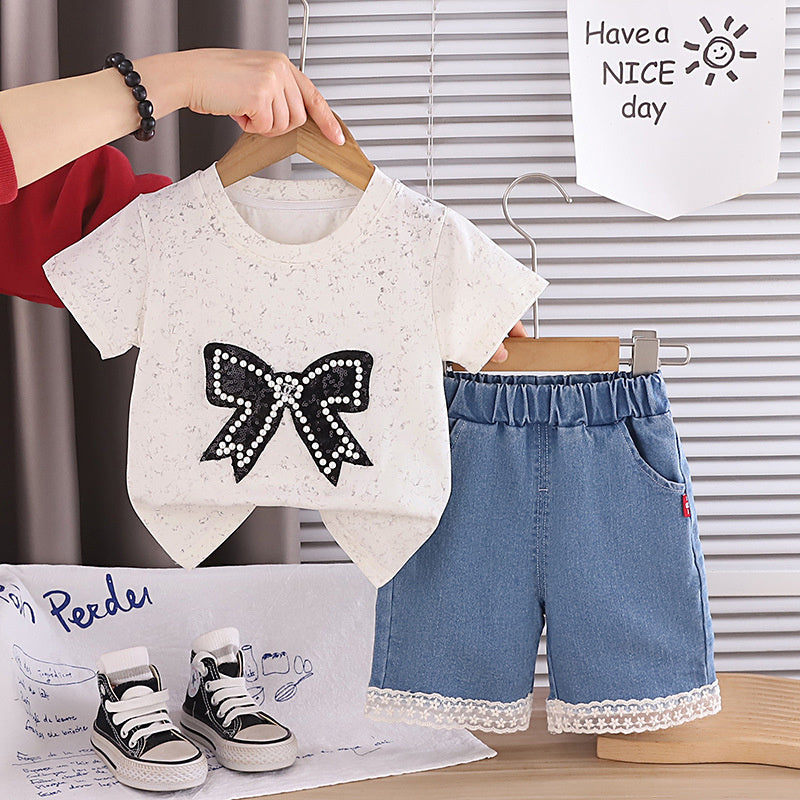 Girls' short-sleeve outfit with large bow, thin style, stylish children's clothing, 2-piece baby summer outfit, trendy