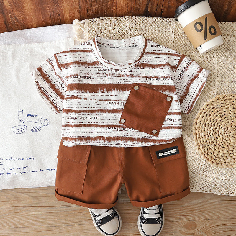 Boys' Outfit 2026 New Fashionable Summer Clothes for Boys Baby Striped Diagonal Pocket Short Sleeve Thin Children's Clothing