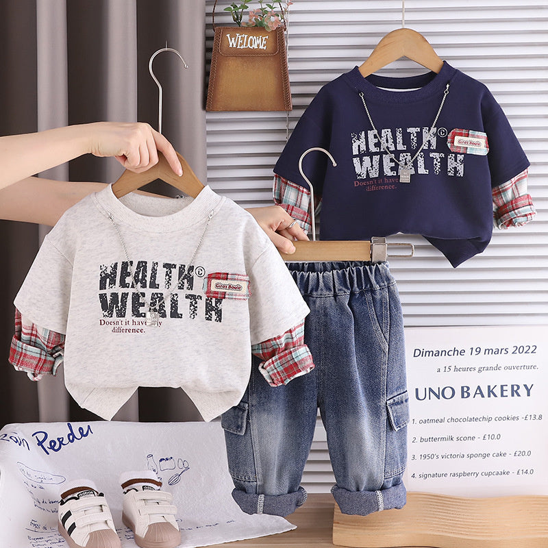 Boys' Spring Collection Striped Patch-Sleeve Letter Sweatshirt 2026 New Model Long-Sleeve Children's Fake Two-Piece Set Trendy