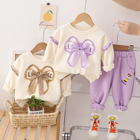 Children's Spring Autumn Bowknot Long-Sleeve Sweatshirt Baby Outfit, Stylish and Casual Two-Piece Set with Long Pants for Girls
