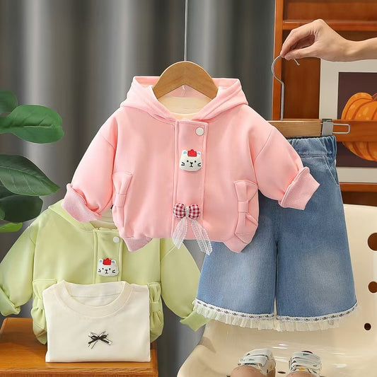 Girls' Spring Outfit 2026 New Fashionable Children's Crown Cat Three-Piece Set Little Girl Clothes Baby Coat