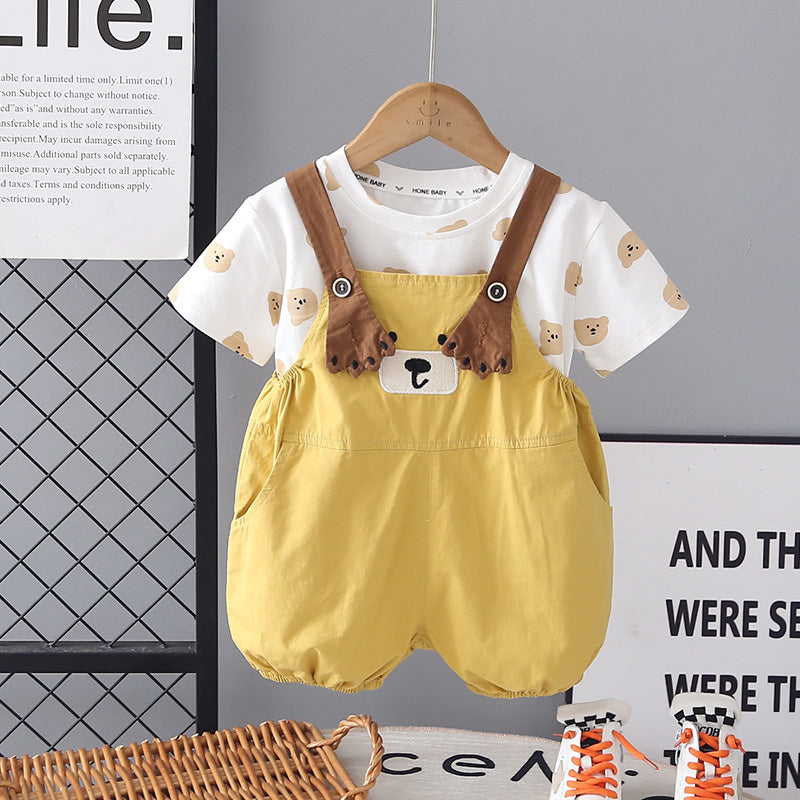 Boys' Outfit 2026 New Style Children's Stylish Bear Overalls Short Sleeve Two-Piece Set Summer Toddler Clothes