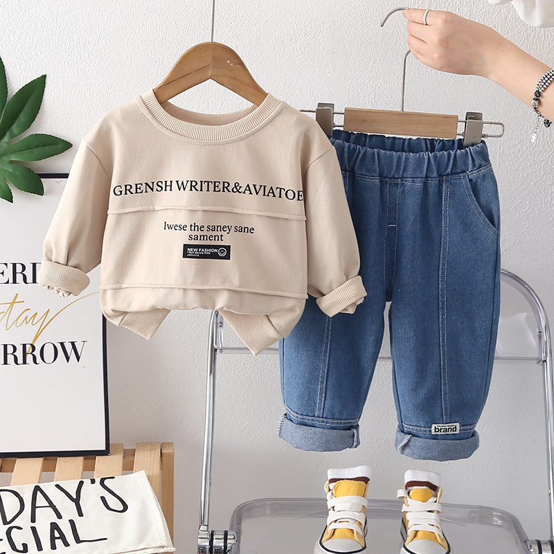 Boys' Autumn Fashionable Letter Patchwork Sweatshirt Two-Piece Set, Stylish Spring Outfit for Toddlers and Infants