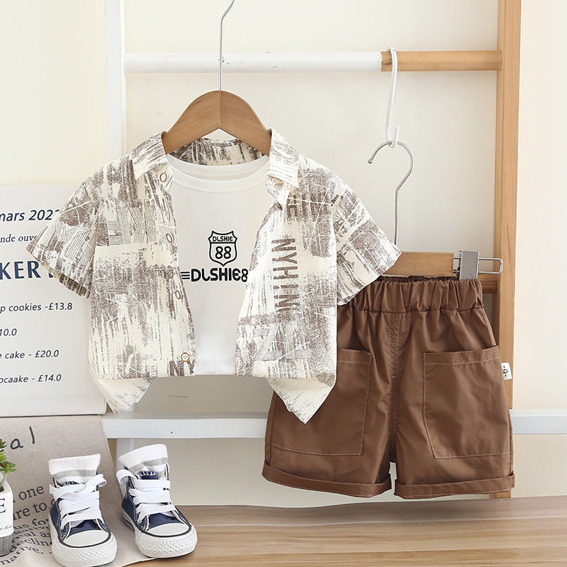 Boys' Summer Outfit 2026 New Model Children's Short-Sleeve Graffiti Letter Shirt Three-Piece Set for Boys 1-3 Years Old Trendy