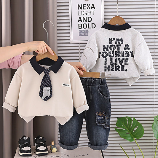 Boys' Outfit 2026 New Fashionable Tie Dinosaur Two-Piece Set Baby Autumn Stylish Casual Toddler Sportswear