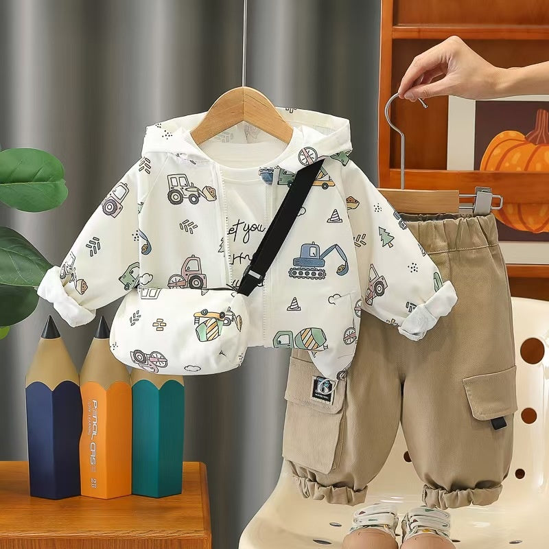 Boys' Spring and Autumn Outfit 2026 New Style Baby Boy Fashionable Cartoon Bag Long Sleeve Three-Piece Set Infant Children's Jacket