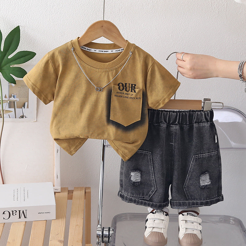 Boys' outfit, Korean style clothes for 1-5 year old boys, casual summer wear with pockets, short-sleeved two-piece set, trendy