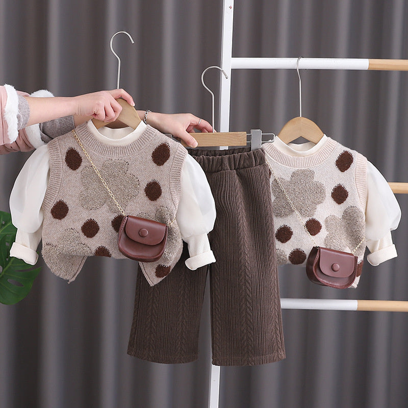 Clothes Stylish Sweet Bag Three-Piece Set One-Year-Old Baby Girl Fashionable Versatile Spring and Autumn Outfit