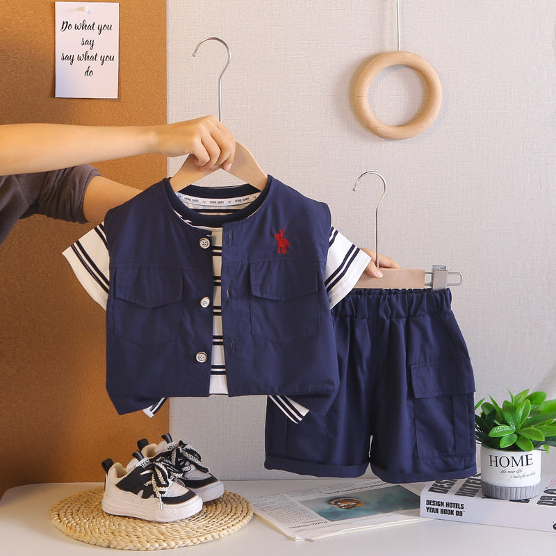 Baby Outfit 2026 New Fashionable Boys' Summer Workwear Short Sleeve Stylish Three-Piece Set Infant Toddler Clothing
