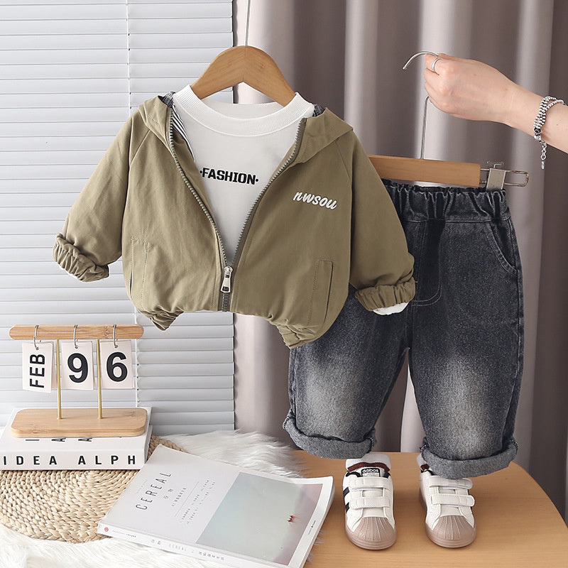 Boys' Spring and Autumn Fashionable Hooded Letter Print Jacket Three-Piece Set, Stylish Cartoon Casual Children's Clothing Wholesale