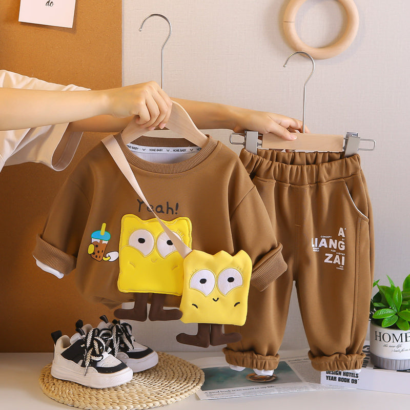 Long Sleeve Baby Children's Clothing Spring Foreign Trade Wholesale 2025 New Cartoon Bag Sweatshirt Boys and Girls Set Autumn Outfit