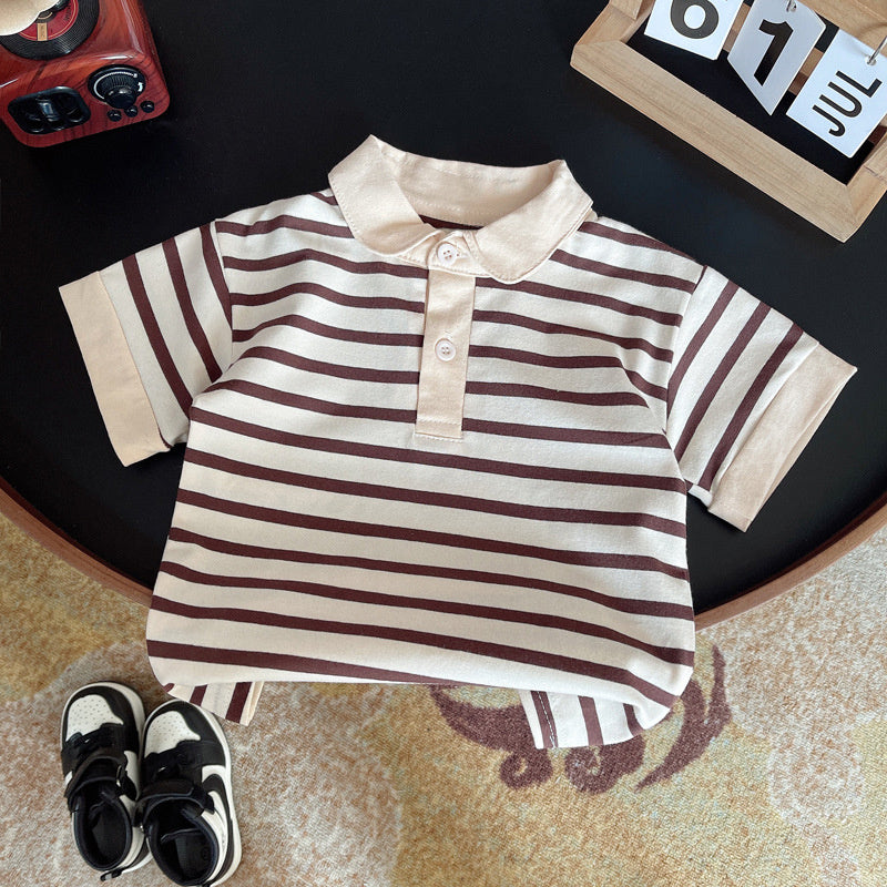 Baby Striped Placket Short Sleeve Two-Piece Infant Children's Clothing 2024 New Boys' Fashionable Summer Outfit Set