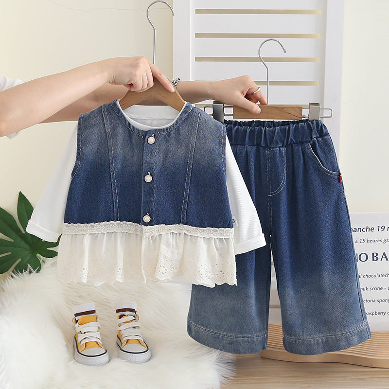 Girls' fashion stylish children's clothing, and autumn outfit, vest, lace skirt three-piece set, baby spring trendy clothing