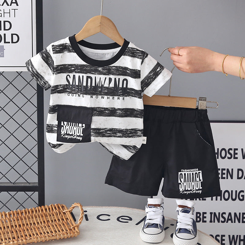 Boys' Striped Casual Short-Sleeve 2026 New Summer Outfit Baby Korean Style Children's Thin Two-Piece Trendy Set