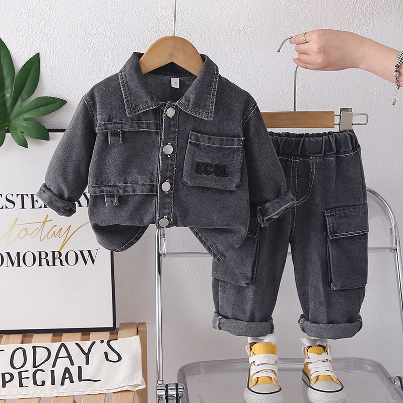 Boys' Outfit 2026 New Fashionable Children's Spring-Autumn Two-Piece Denim Set with 3D Pockets for Toddlers in Trendy Autumn Style