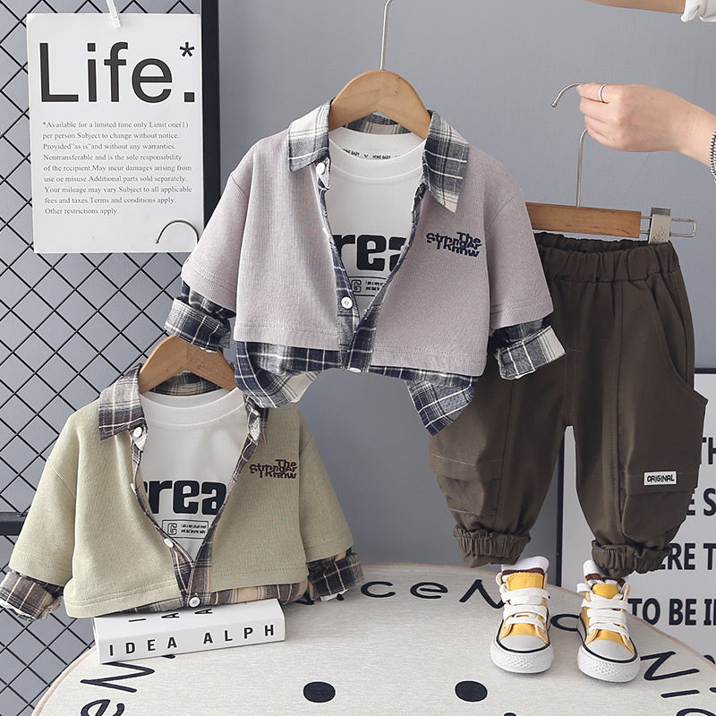 Children's Clothing Boys' Spring Outfit 2026 New Fashionable Baby Plaid Color-Block Three-Piece Set Korean Style Clothes for Infants and Children