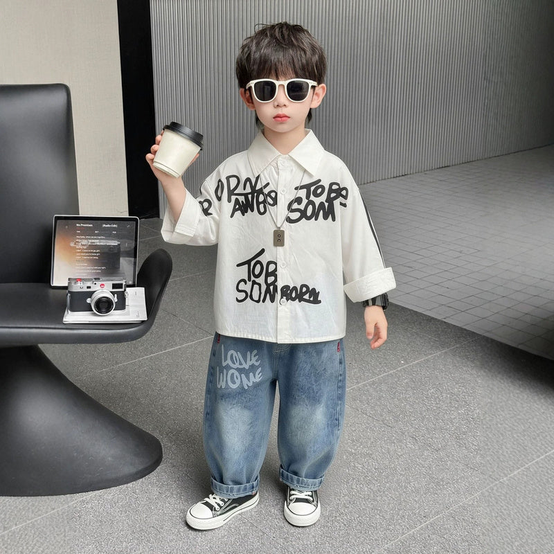 Boys' Outfit: Letter Print Shirt Set, Casual Trendy, Long Sleeve Two-Piece Set for Babies Toddlers in Spring and Autumn