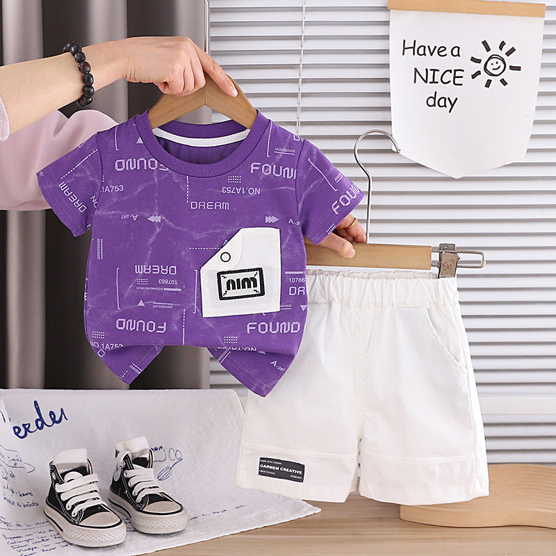 Boys' button pocket short-sleeve suit 2026 new style baby outfit infant children's clothing toddler summer clothes trendy