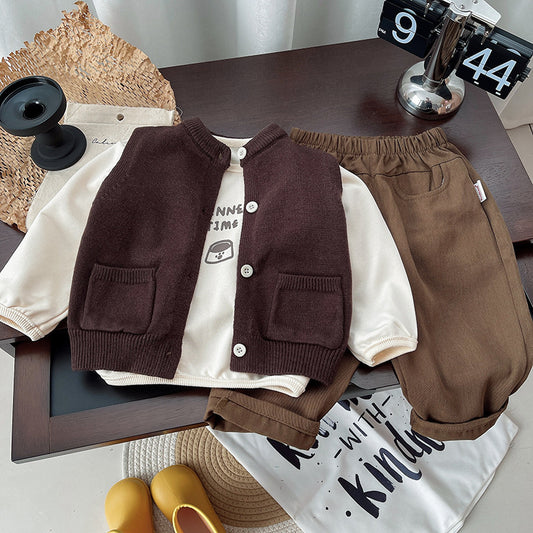 Spring Autumn Suit 2024 Children's Fashionable New Style Little Boys Cool and Handsome Clothes Baby Vest Cardigan Three-piece Set