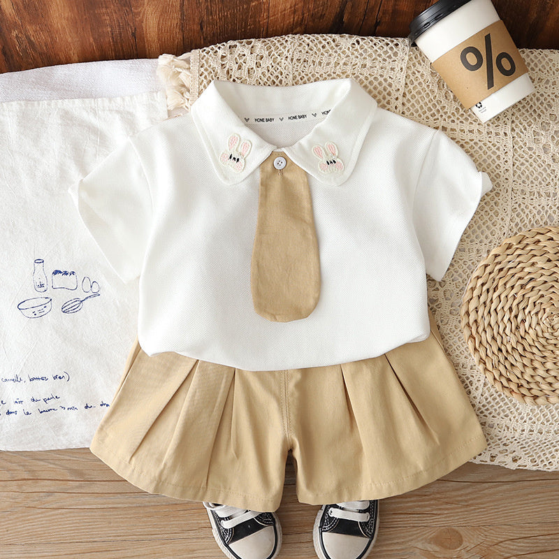 Boys and girls outfit 2026 new style children's cute summer clothes baby cartoon tie short-sleeve two-piece set