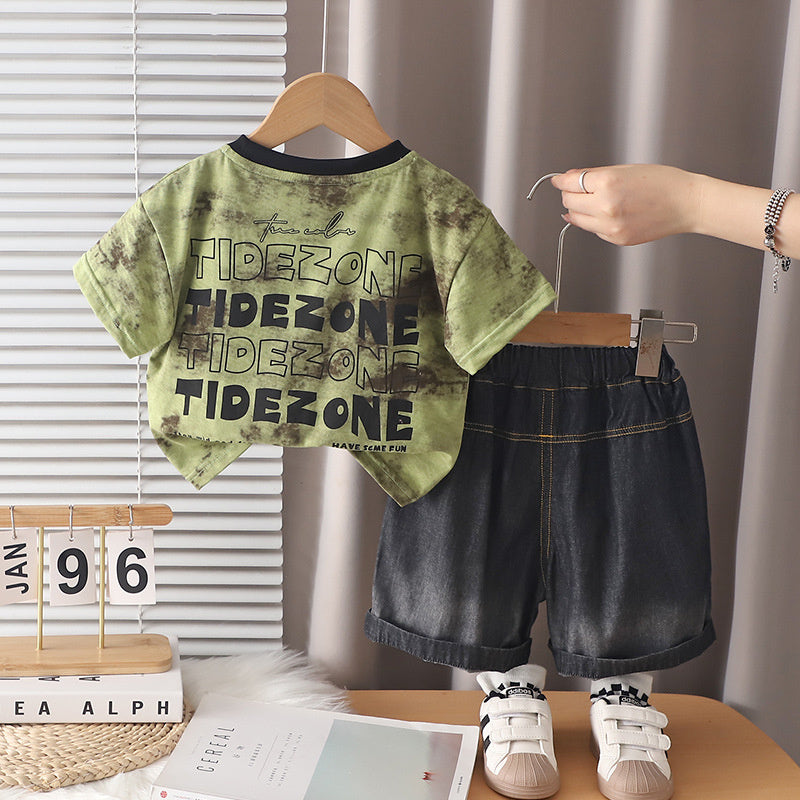 Children's Tie-Dye Letter Print Short Sleeve Set, New Summer Style for Boys, Cute and Stylish Casual Sports Two-Piece Outfit