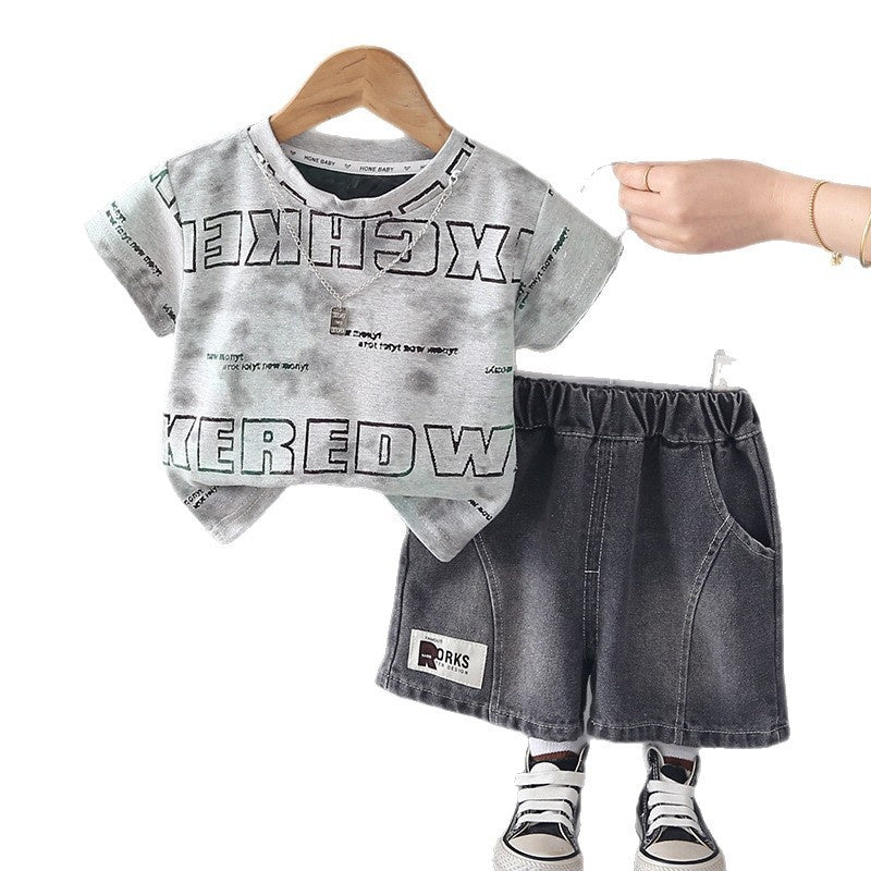 Boys' Outfit: Double-Row Letter Jacquard Short-Sleeve Set, 2026 New Summer Style, Toddler Baby Shorts Two-Piece Trendy Set