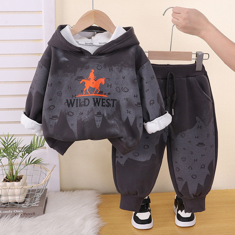 Boys' Autumn and Fleece-Lined Set 2026 New Fashionable Children's Winter Hooded Sweatshirt Two-Piece Outfit for Boys