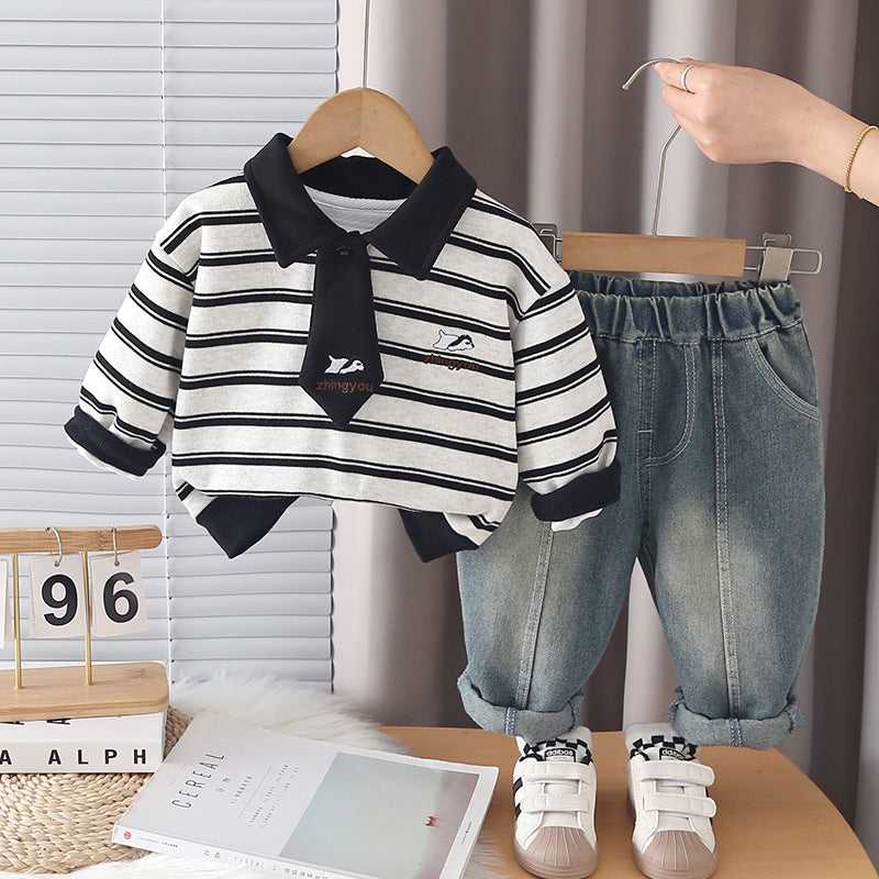 Boys' striped tie Polo suit, stylish and autumn children's Korean-style clothing, fashionable baby spring outfit