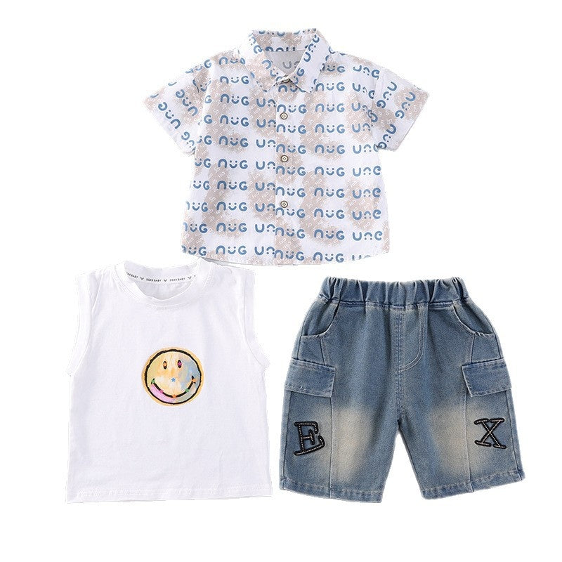 Boys' Outfit 2026 New Children's Wear Short-Sleeve Stylish Baby Summer Smiley Face Shirt Three-Piece Set