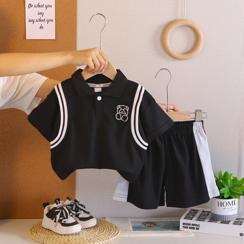 Boys' Outfit 2026 New Fashionable Little Bear Color-Block Short Sleeve Set for 1-4 Year Old Boys Summer Clothing
