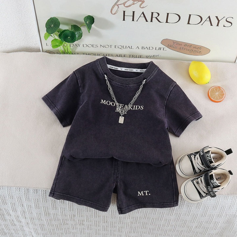 2026 New Children's Short-Sleeve Set for Boys, Baby Two-Piece Outfit with Chain Letter Design, Summer Casual Outing Clothes