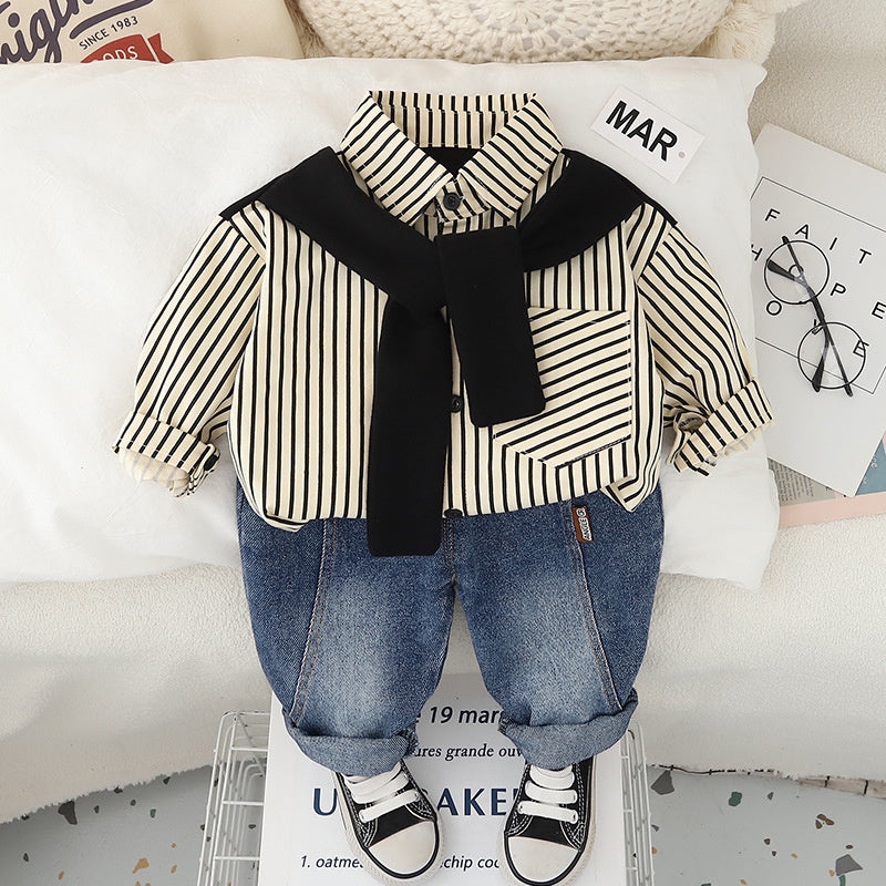 Baby Clothes Spring and Scarf Shirt Set for Boys Stylish Children's One-Year-Old Boy Autumn Outfit Handsome Outdoor Trendy