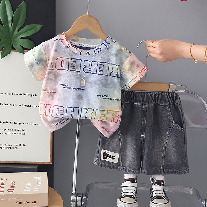 Boys' Outfit: Double-Row Letter Jacquard Short-Sleeve Set, 2026 New Summer Style, Toddler Baby Shorts Two-Piece Trendy Set