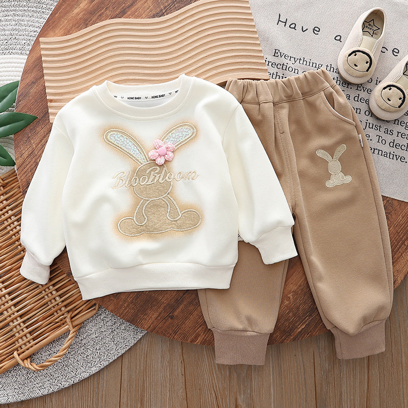 1-4 Years Old Baby Outfit Spring Fashionable Girl Clothing Korean Style Infant Toddler Clothes 3 Flowers Rabbit Two-Piece Set
