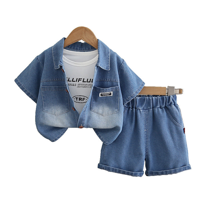 Children's Outfit Boys' Denim Jacket Short Sleeve Three-Piece Set 2026 New Model 1-2-3 Baby Summer Clothes