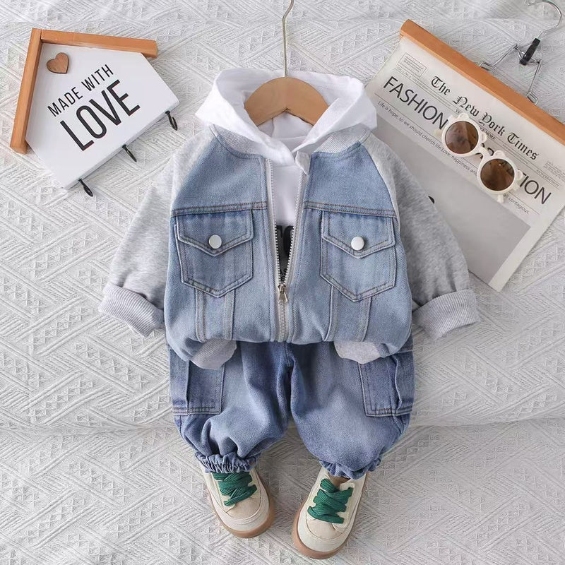 Boys' Autumn Outfit 2025 New Children's Spring-Autumn Denim Color-Block Double-Pocket Three-Piece Set for Toddlers 1-3 Years Old