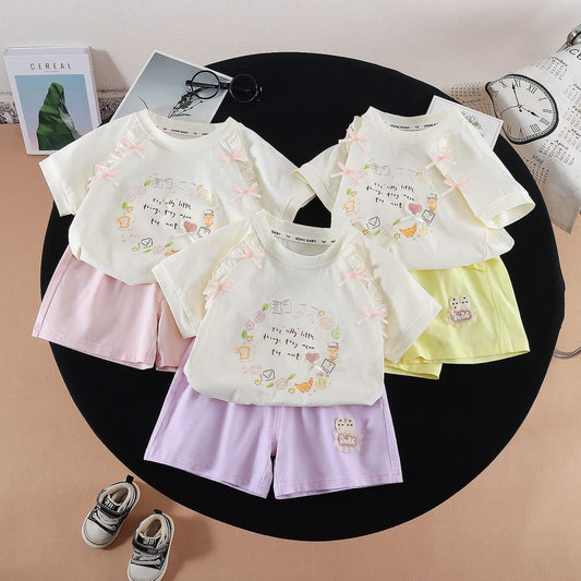 Children's Clothing 2026 Summer New Style Girls' Korean Version Set Cartoon Bow Short Sleeve Top and Shorts Two-Piece Trendy Outfit