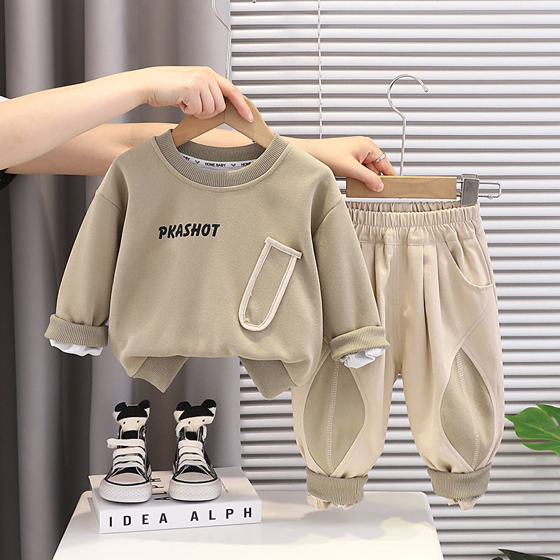 Boys' 2026 New Outfit Stylish Baby Spring Autumn Solid Color Sweatshirt Two-Piece Set, Infant and Toddler Clothes