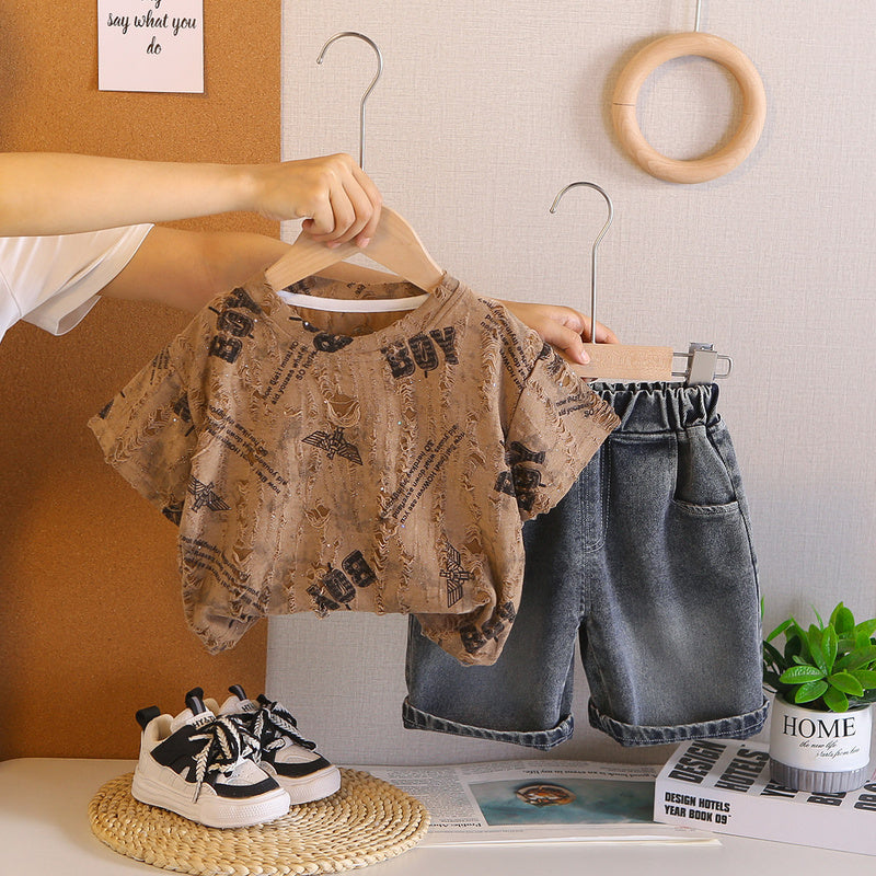 Baby Boy Outfit 2026 New Stylish Ripped Short-Sleeve Two-Piece Set for Boys, Infant Summer Casual Children's Clothing