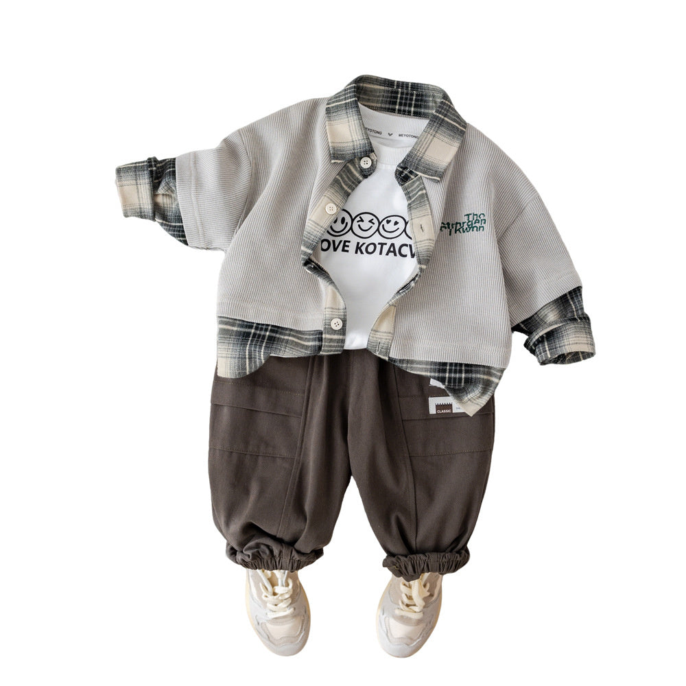 Boys' Spring and Autumn Outfit 2026 New Children's Smiley Face Plaid Patchwork Three-Piece Set Casual Clothes for Boys