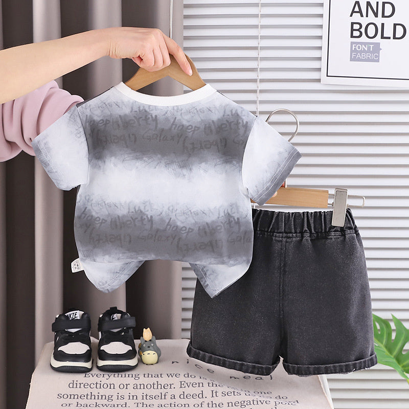 Boys' 2026 Short Sleeve New Children's Round Neck Letter Logo Workwear Summer Outfit Baby Two-Piece Trendy Set
