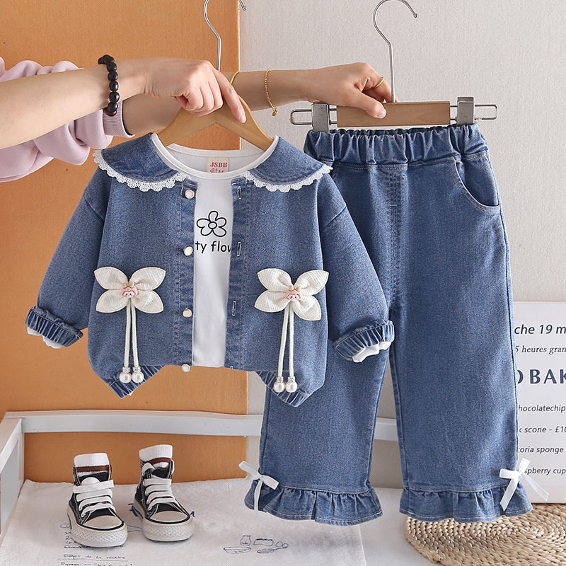 Girls' Outfit and Autumn 2026 New Fashionable Casual Denim Three-Piece Set Children Stylish Spring Clothes for Babies